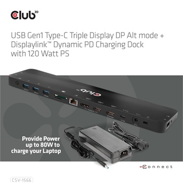 Club3D USB Gen1 Type-C Triple Display DP Alt mode Displaylink Dynamic PD Töltődokkoló - 120 Watt PS