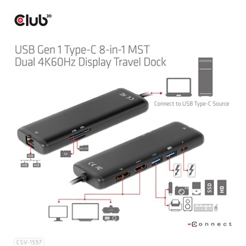 Club3D USB Gen 1 Type-C 8-in-1 MST Dual 4K60Hz Display Travel Dock - Dokkoló
