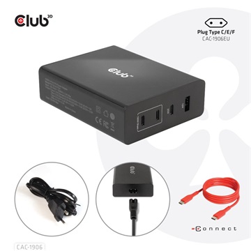 Club3D 132W GAN technology, 4 port USB Type-A and -C, Power Delivery(PD) 3.0 Support - Travel Charger 