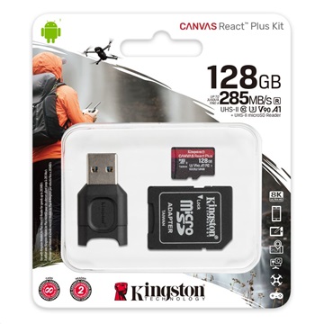 Kingston 128GB SD micro Canvas React Plus (SDXC Class 10 UHS-II U3) (MLPMR2/128GB) memória kártya adapter + olvasó