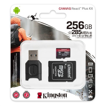 Kingston 256GB SD micro Canvas React Plus (SDXC Class 10 UHS-II U3) (MLPMR2/256GB) memória kártya adapter + olvasó