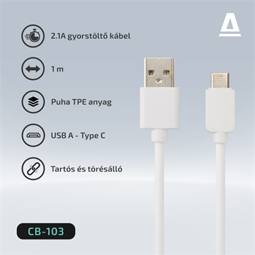 AVAX CB103W PURE USB A-Type C kábel, 2.1A, fehér - 1m