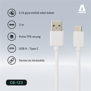 AVAX CB123W PURE USB A-Type C kábel, 2.1A, fehér - 2m