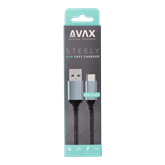 AVAX CB301G STEELY USB A-Type C 60W gyorstöltő, sodorszálas kábel, 3A, acélszürke - 1,5m