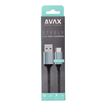 AVAX CB301G STEELY USB A-Type C 60W gyorstöltő, sodorszálas kábel, 3A, acélszürke - 1,5m