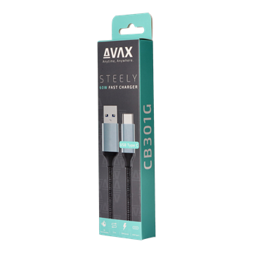 AVAX CB301G STEELY USB A-Type C 60W gyorstöltő, sodorszálas kábel, 3A, acélszürke - 1,5m