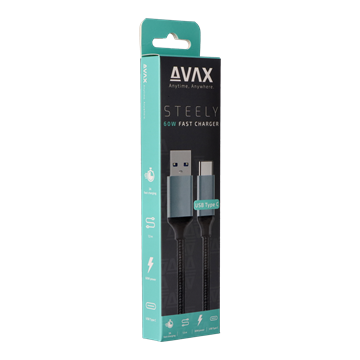 AVAX CB301G STEELY USB A-Type C 60W gyorstöltő, sodorszálas kábel, 3A, acélszürke - 1,5m