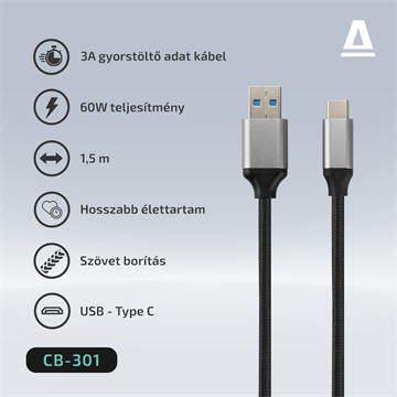 AVAX CB301G STEELY USB A-Type C 60W gyorstöltő, sodorszálas kábel, 3A, acélszürke - 1,5m