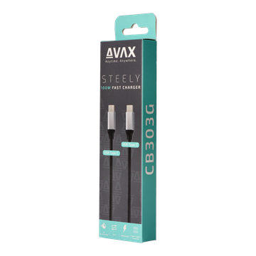 AVAX CB303G STEELY Type C-Type C 100W gyorstöltő, sodorszálas kábel, 5A, acélszürke - 1,5m