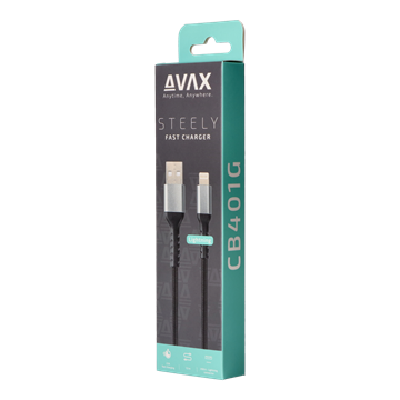 AVAX CB401G STEELY USB A-Lightning 20W gyorstöltő, sodorszálas kábel, 3A, acélszürke - 1,5m