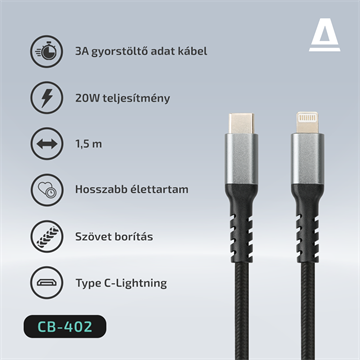 AVAX CB402G STEELY Type C-Lightning 20W gyorstöltő, sodorszálas kábel, 3A, acélszürke - 1,5m