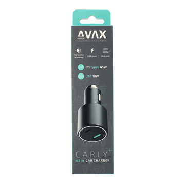 AVAX CC663B CARLY+ USB A (QC)+Type C (PD) 63W autós töltő, fekete