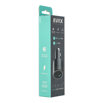 AVAX CC663B CARLY+ USB A (QC)+Type C (PD) 63W autós töltő, fekete