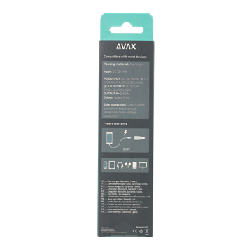 AVAX CC663B CARLY+ USB A (QC)+Type C (PD) 63W autós töltő, fekete