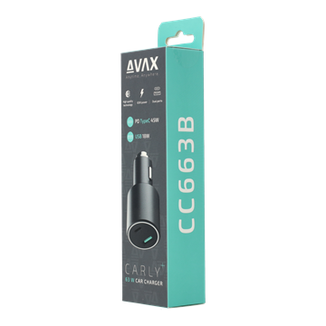 AVAX CC663B CARLY+ USB A (QC)+Type C (PD) 63W autós töltő, fekete