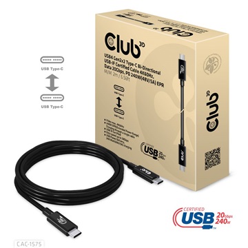 Club3D USB4 Gen3x2 Type-C Bi-Directional USB-IF Certified Cable 8K60Hz, Data 40Gbps, PD 240W(48V/5A) EPR M/M