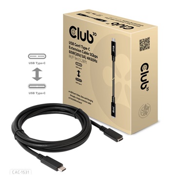 Club3D USB Gen1 Type-C Hosszabbító Kábel 5Gbps 60W(20V/3A) 4K60Hz M/F 1m/3.28ft
