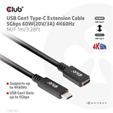 Club3D USB Gen1 Type-C Hosszabbító Kábel 5Gbps 60W(20V/3A) 4K60Hz M/F 1m/3.28ft