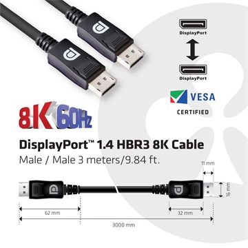 Club3D DisplayPort 1.4 HBR3 8K60Hz 28AWG kábel M/M - 3m