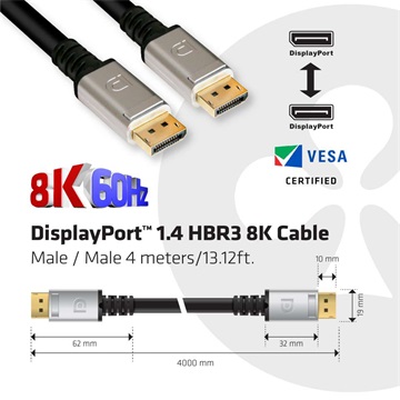 Club3D DisplayPort 1.4 HBR3 8K60Hz kábel M/M - 4m, silver plug