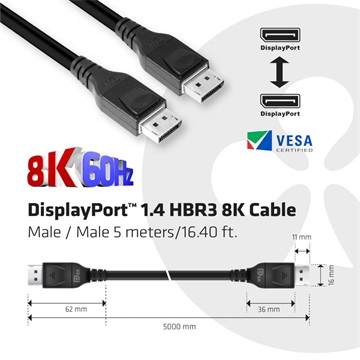 Club3D DisplayPort 1.4 HBR3 8K60Hz kábel M/M - 5m