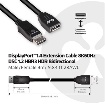 Club3D DisplayPort 1.4 HBR3 Extension kábel 8K60Hz M/F 3m/9.84ft