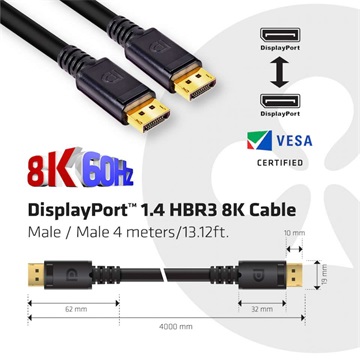 Club3D DisplayPort 1.4 HBR3 kábel Male / Male 4 meters/13.12ft. 8K 60Hz  24AWG  - BLACK CONNECTOR