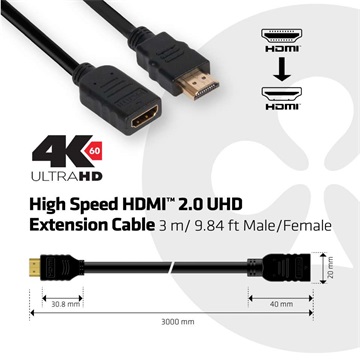 Club3D HDMI 2.0 EXTENSION kábel HIGH SPEED 4K60Hz UHD  Male/Female  3m/ 9.8ft