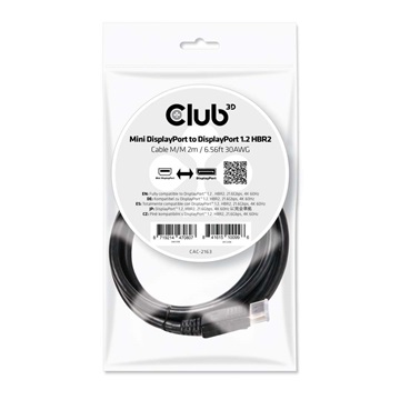 Club3D MINI DISPLAY PORT 1.2 MALE TO DISPLAY PORT MALE kábel 2 METERS 4K 60HZ  BI-DIRECTIONAL 