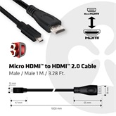Club3D Micro HDMI to HDMI 2.0 kábel 4K60Hz, Male/Male 1 m/3.28 Ft. BI-DIRECTIONAL