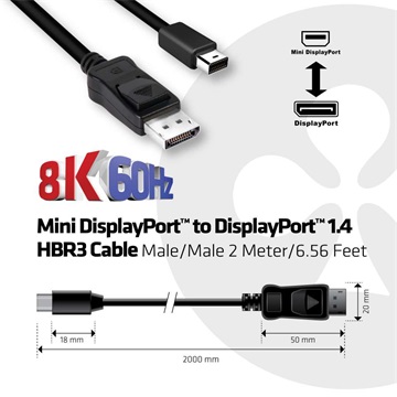 Club3D MiniDisplayPort to DisplayPort 1.4 HBR3 8K60Hz kábel M/M - 2m bidirectional