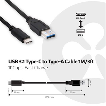 Club3D USB 3.1 Type-C to Type-A kábel 10Gbps PD 60W M/M - 1m