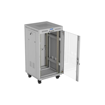 Lanberg 19" szabadon álló rack szekrény 22U/600X600 üvegajtó, lapraszerelt, LCD kijelző, szürke V2