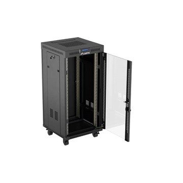 Lanberg 19" szabadon álló rack szekrény 24U/600X600 üvegajtó, lapraszerelt, LCD kijelző, fekete V2