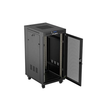 Lanberg 19" szabadon álló rack szekrény 24U/600X800 perforált ajtó, lapraszerelt, LCD kijelző, fekete V2