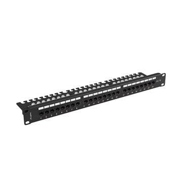 Lanberg Patch panel 24 port 1U 19" CAT.5e UTP, tehermentesítővel, fekete