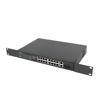 Lanberg Switch menedzsment nélküli, 16x 100Mb PoE+/ 2x 1GB/1X SFP, 10", 19" rackes (150W)