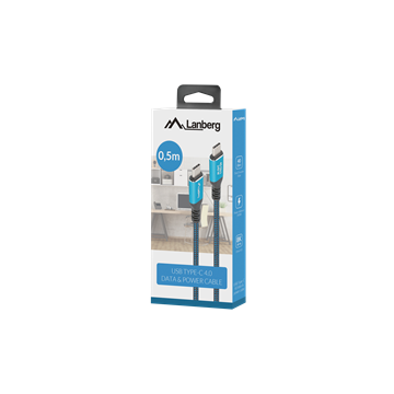 Lanberg USB-C (M/M) 4.0 kábel 0.5 m, 240W 8K 60 Hz, fekete-kék
