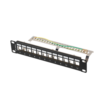 Lanberg Üres patch panel 12 port 1U 10" FTP, árnyékolt, tehermentesítővel, fekete V2