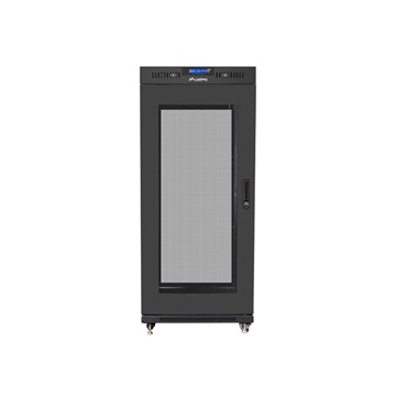 Lanberg 19" szabadon álló rack szekrény 27U/600X600 perforált ajtó, lapraszerelt, LCD kijelző, fekete V2