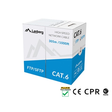 Lanberg Cat.6 SF/UTP réz fali kábel 305m, AWG23, PVC, 250Mhz, Eca, szürke, CPR