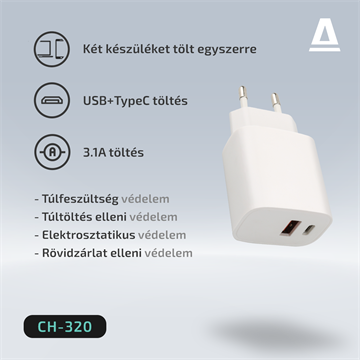 AVAX CH320 SPEEDY USB-A + USB-C 20W hálózati töltő