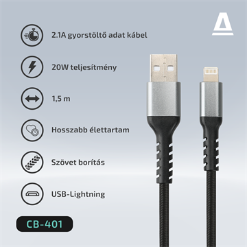 AVAX CB401G STEELY 20W USBA–Lightning töltőkábel, acélszürke - 1,5m