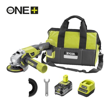 Ryobi ONE+  akkus szénkefementes sarokcsiszoló 4Ah akkuval töltővel táskában RAG18BL-1X40GP