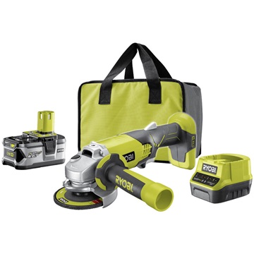 Ryobi ONE+  akkus szénkefementes sarokcsiszoló 4Ah akkuval töltővel táskában RAG18BL-1X40GP